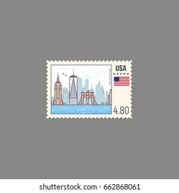 Postage stamp with New York view. Rectangle US postage stamp with perforation. Flat style line modern vector illustration with retro colors. For postal envelopes, postcards or letter retro style.