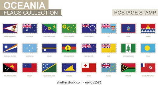 Postage stamp with Oceania flags. Set of 24 Oceanian flag. Vector Illustration.