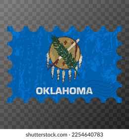 Postage stamp with Oklahoma state grunge flag. Vector illustration.
