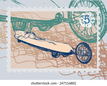 Postage stamp with the old race car, drawn vector illustration