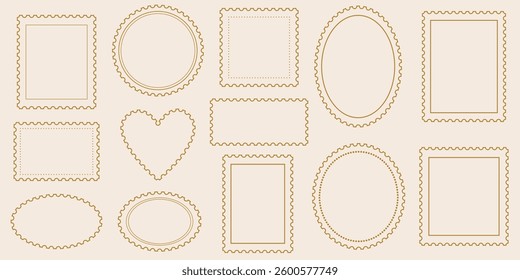 Postage stamp outline shapes, line art flat bank postage frame design, wavy edge clip art set, isolated
