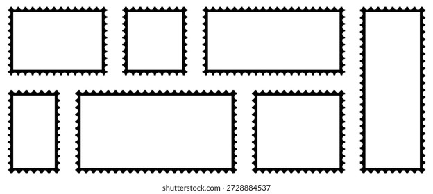 Briefmarkenumriss, Vektorsymbol. Leere Briefmarken. Rahmen für Umrisse von Postformen. Postwertzeichen. Vorlagen für leere Briefmarkenränder.