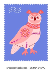 Postage stamp with owl in folklore style with bright natural northern scandinavian ornament of snowflakes of knitted sweater. Vector illustration for design of children's winter clothes, postcard.