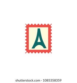 Postage stamp with Paris Eifell tower sign icon. Mail and post symbol used in postal letter delivery. Adhesive vintage postmark sticker. Vector flat illustration isolated