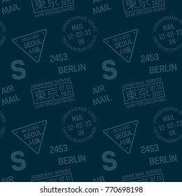 Postage stamp pattern, for print and web. Text in japanese meaning Tokyo, in korean - meaning Seoul.