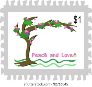 Postage Stamp of a Peace and Love Tree Vector