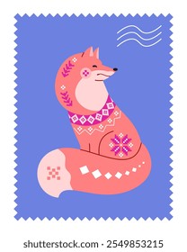 Postage stamp with perforated zigzag edges with cute red fox in Scandinavian folklore style with Nordic ornament embroidery or knitting pattern. Vector greeting illustration.