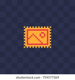 Postage Stamp. Pixel art style icon. Video game 8-bit sprite. Flat style logo. Isolated vector illustration. Symbol, logo, sticker design.
