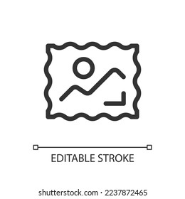 Postage stamp pixel perfect linear ui icon. Philately. Stamps collection. Send letter. GUI, UX design. Outline isolated user interface element for app and web. Editable stroke. Arial font used