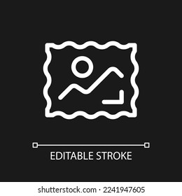 Postage stamp pixel perfect white linear ui icon for dark theme. Philately. Stamps collection. Vector line pictogram. Isolated user interface symbol for night mode. Editable stroke. Arial font used