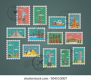 Postage stamp and postmarks with famous landmark vector illustration. Worldwide architecture landmark set traditional and modern landmarks. 