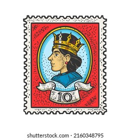 Briefmarke mit Queen-Portrait Profil Farbskizze Gravur Vektorgrafik. T-Shirt Bekleidungsdesign. Scratch-Board-Imitation. Schwarz-Weiß, handgezeichnet.