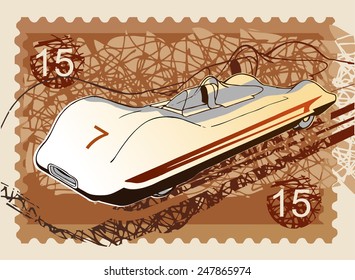 Postage stamp with the race car, drawn vector illustration