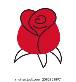 Postage stamp with Red rose doodle style. Hand drawn trendy flat style love isolated icon. Romantic symbol of love for web graphic design poster tattoo Valentines card line art Vector illustration