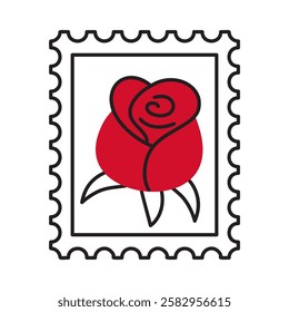 Postage stamp with Red rose doodle style. Hand drawn trendy flat style love isolated icon. Romantic symbol of love for web graphic design poster tattoo Valentines card line art Vector illustration