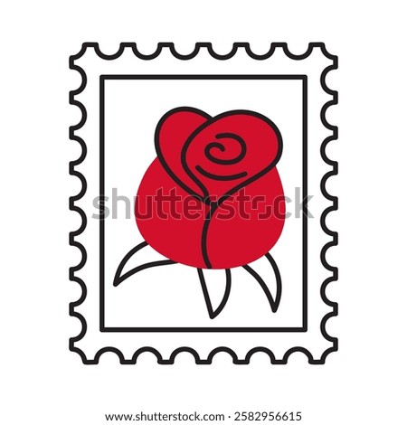 Postage stamp with Red rose doodle style. Hand drawn trendy flat style love isolated icon. Romantic symbol of love for web graphic design poster tattoo Valentines card line art Vector illustration