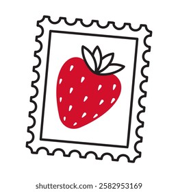 Postage stamp with Red strawberry doodle style Hand drawn trendy flat style love isolated icon. Romantic symbol of love for graphic design poster tattoo Valentines Day card line art illustration