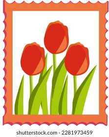 Estampilla de rehenes con tulipanes rojos sobre fondo blanco. Ilustración vectorial floral para impresión, tarjeta, afiche.