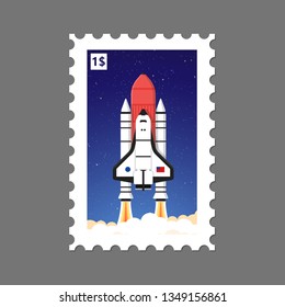 Postage stamp With Rocket Launch in Space Illustration