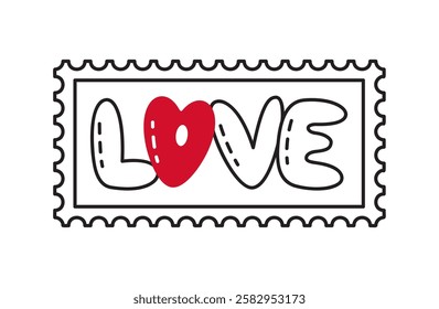 Postage stamp with Romantic Love text with red heart doodle style. Hand drawn flat style love icon. Romantic symbol of love for graphic design poster tattoo Valentines Day card line art