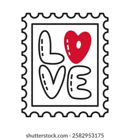 Postage stamp with Romantic Love text with red heart doodle style. Hand drawn flat style love icon. Romantic symbol of love for graphic design poster tattoo Valentines Day card line art