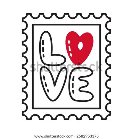 Postage stamp with Romantic Love text with red heart doodle style. Hand drawn flat style love icon. Romantic symbol of love for graphic design poster tattoo Valentines Day card line art