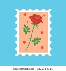 Postage stamp with rose on blue background