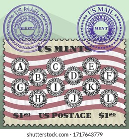 Postage stamp with the seals of US banks printing paper money