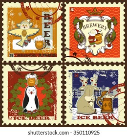 Postage stamp set of beer and brewery for winter holidays theme. Set of postage stamps for winter holidays.