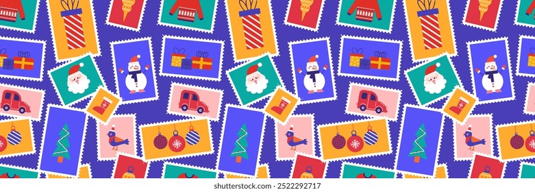 Postage stamp set of Christmas and Happy New Year post card illustration. Winter holiday celebration background. Vector seamless pattern concept modern design