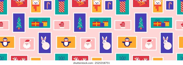 Postage stamp set of Christmas and Happy New Year post card illustration. Winter holiday celebration background. Vector seamless pattern concept trendy design