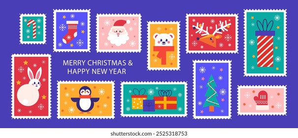 Postage stamp set of Christmas and Happy New Year post card illustration. Advent Calendar style, winter holiday sticker celebration mail postmark. Vector concept trendy design