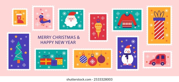 Postage stamp set of Christmas and Happy New Year post card illustration. Advent Calendar style, winter holiday sticker, mail postmark. Vector concept modern design