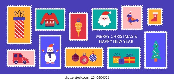 Postage stamp set of Christmas and Happy New Year post card illustration. Advent Calendar style, winter sticker, celebration mail postmark. Vector concept modern design