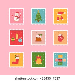 Conjunto de sellos postales de Navidades e ilustración de tarjeta postal de Feliz Año Nuevo. Estilo del calendario de adviento, matasellos de correo de celebración de la etiqueta engomada de las vacaciones de invierno. Concepto de Vector de diseño moderno