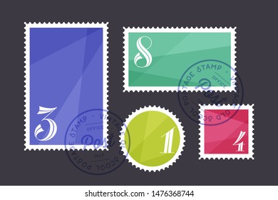Postage stamp. Set of postage stamp, collection square, circle and rectangular postage stamps, template on dark background. Vector Illustration