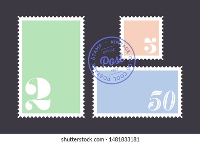 Postage stamp. Set of postage stamp, collection square and rectangular postage stamps, template on dark background. Vector Illustration