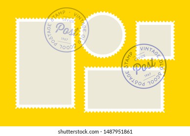 Postage stamp. Set of postage stamp, collection square, circle and rectangular postage stamps, template on dark background. Vector Illustration