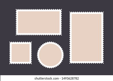 Postage stamp. Set of postage stamp, collection square, circle and rectangular postage stamps, template on dark background. Vector Illustration