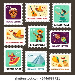 Postage stamp set with mexico culture elements. Cartoon man woman character in traditional mexican clothes at post mark, vector illustration. Mexican architecture, music and food