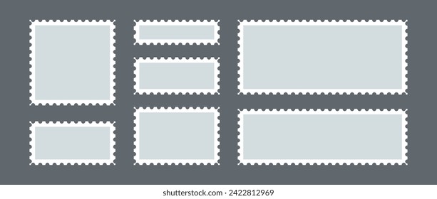 Postage stamp set. Post stamp frame or border. Light blue square and rectangular template for mail, postcard, letter. Jagged wavy edge forms. Vintage objects for poster, banner, badge, sticker. Vector