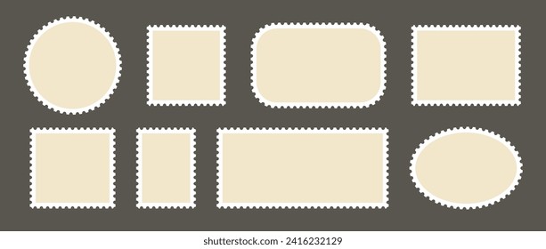 Postage stamp set. Post stamp frames and borders. Beige round and rectangular template for mail, postcard, letter. Jagged wavy edge forms. Vintage objects for poster, banner, badge, sticker. Vector