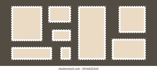 Postage stamp set. Post stamp frames and borders. Beige square and rectangular template for mail, postcard, letter. Jagged wavy edge forms. Vintage objects for poster, banner, badge, sticker. Vector