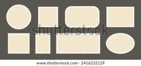 Postage stamp set. Post stamp frames and borders. Beige round and rectangular template for mail, postcard, letter. Jagged wavy edge forms. Vintage objects for poster, banner, badge, sticker. Vector