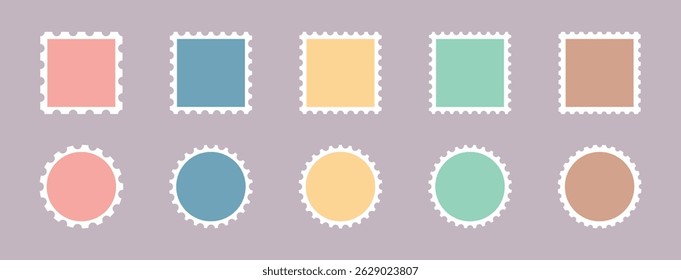 Postage stamp set. Rectangle and circle blank postage stamp borders template collection. Realistic trendy post stamps set. Postage Stamps in flat design.	