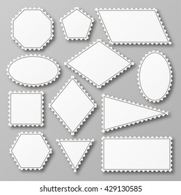 Postage stamp set. Shiny white design with shadow. Vector illustration. 