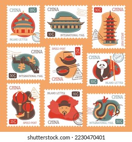 Postage stamp set with traditional china element. Asian country landmark, food, animals at decorative postmark collection, vector illustration. National culture, decoration at post mark