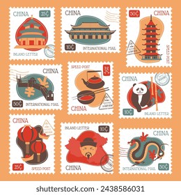 Postage stamp set with traditional china element. Asian country landmark, food, animals at decorative postmark collection, vector illustration. National culture, decoration at post mark