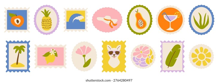 Postage stamp set with tropical fruit, beach wave, sun hat, cocktail, palm, flower, feather, and llama head in bold shapes. Vacation vibe, travel mood, holiday postage. Cartoon vector illustration.