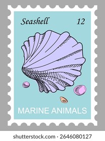 Postage stamp with shell and pebbles. Blue marine seashell. Hand drawn vector on sky blue background. Cartoon. Sketch style.